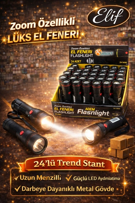 KSMART ZOOMLU LÜKS SİLİKONLU EL FENERİ BLACK / 24LÜ STANT